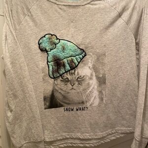 JUSTICE Teen Girl LongSleeve T-shirt “Kitty Snow What” Size Large Gray/Blue EUC